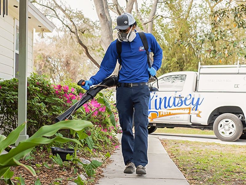 pest control specialist spraying property to eliminate mosquitoes