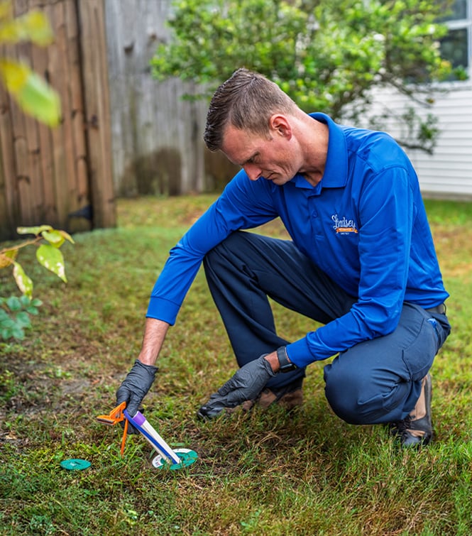 a technician checking a termite baiting trap outside of a jacksonville florida home