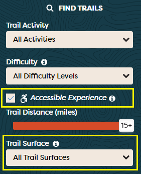 A screenshot of the Find Trails filter indicating the location of the accessible adventure checkbox and surface type search.