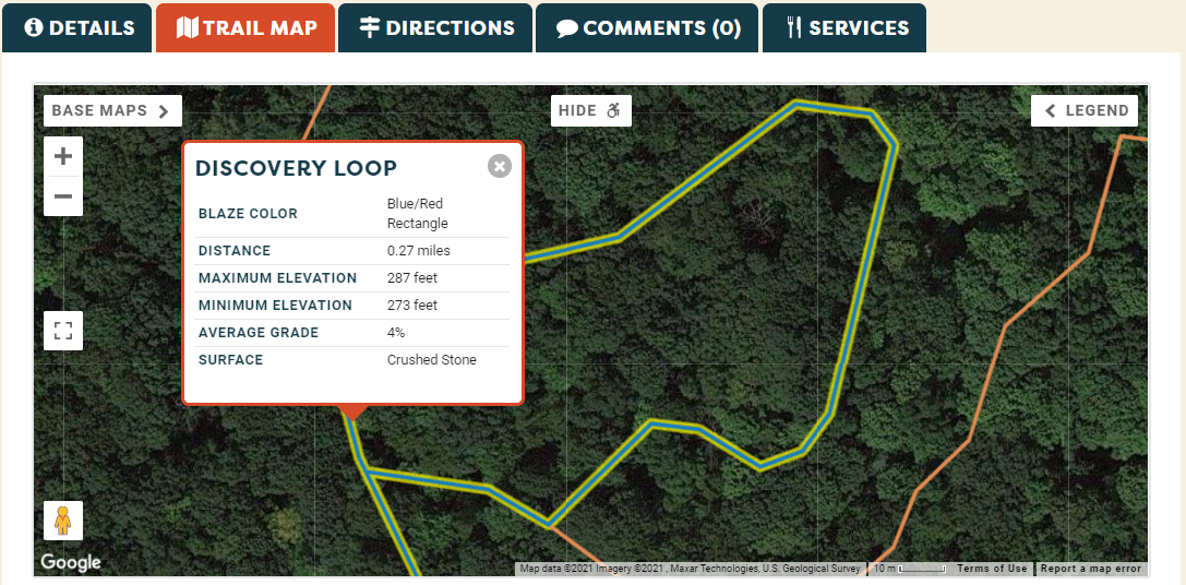 Screenshot showing a pop up with trail-specific information.