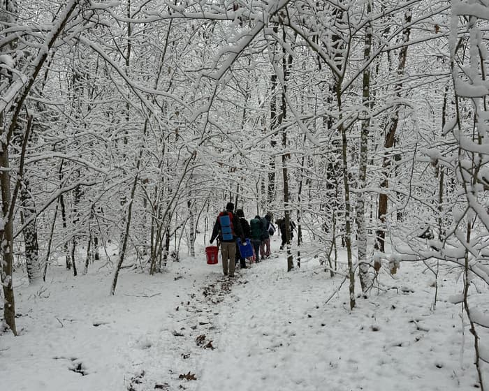 hiking through a forest trail in the snow (Credit: Brian Carroll)