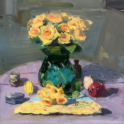Amy Brnger: Yellow Roses Vessels and Green Vase