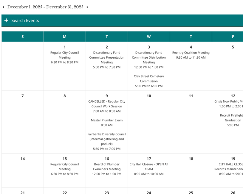 Website calendar screenshot
