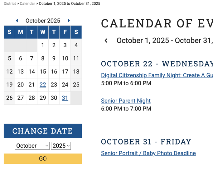 Website calendar screenshot