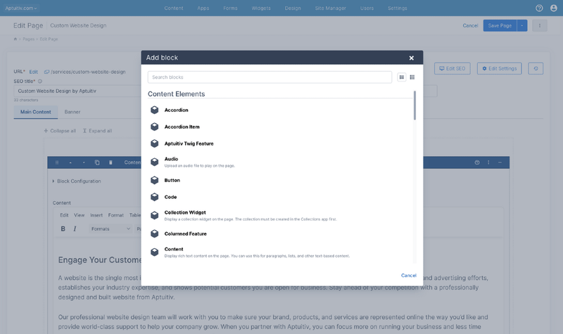 Editing a page in Aptuitiv