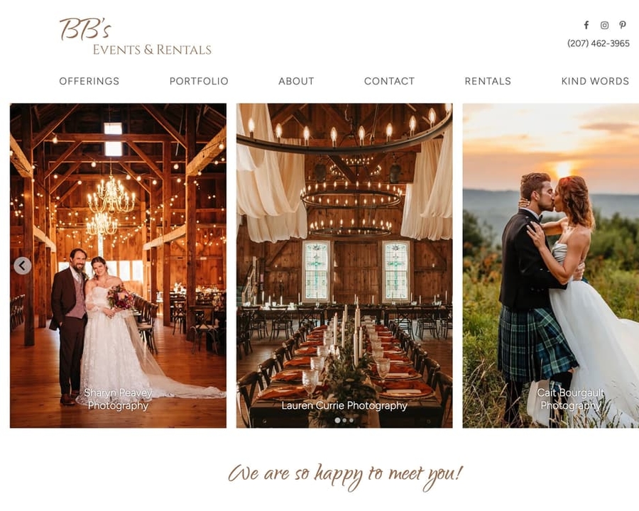 Screenshot of BB's events and rentals website