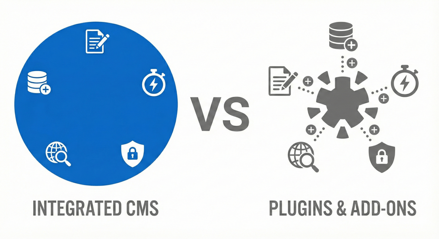 integrated CMS vs plugins and add-ons