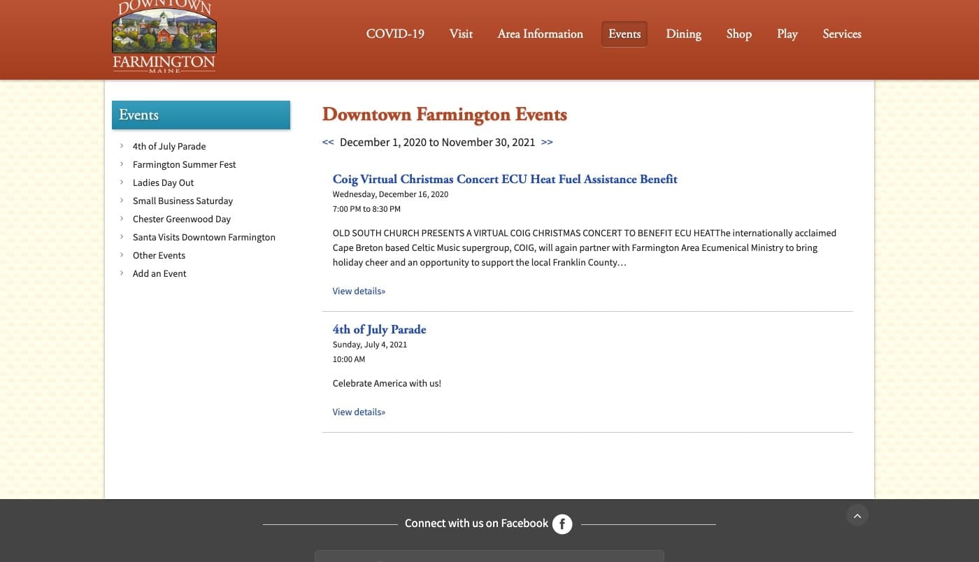 Farmington Downtown Association website screenshot