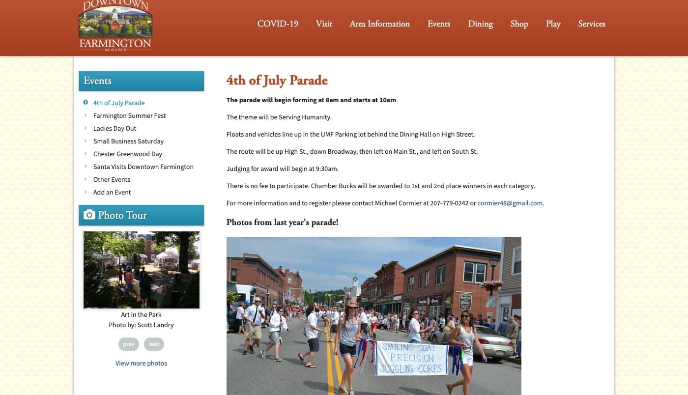 Farmington Downtown Association website screenshot