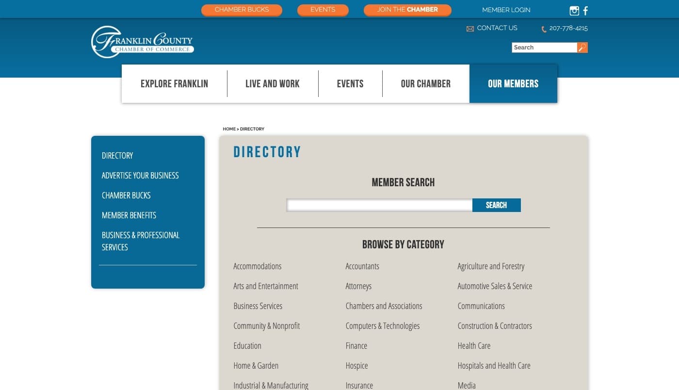 Franklin County Chamber of Commerce website screenshot