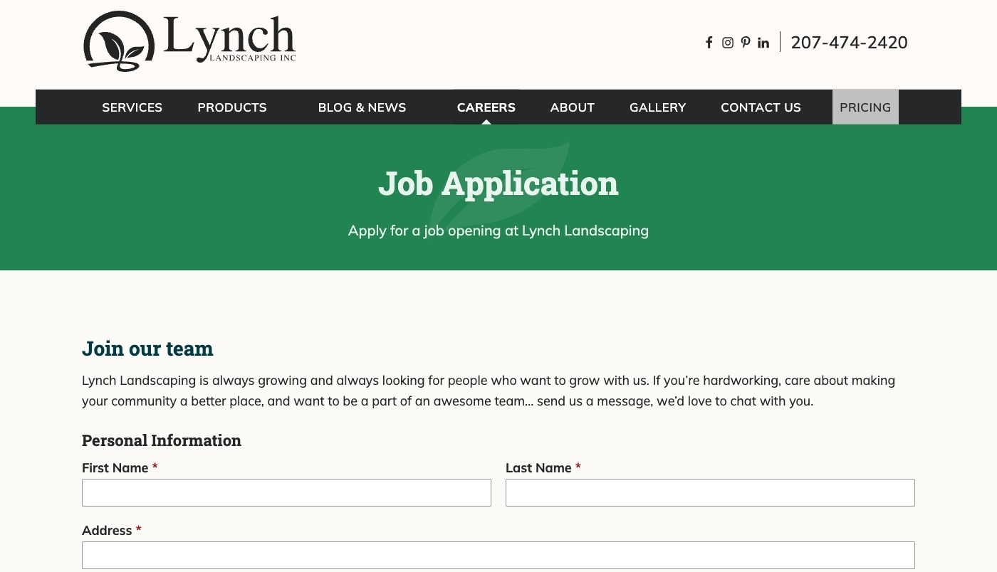 Job application page screenshot