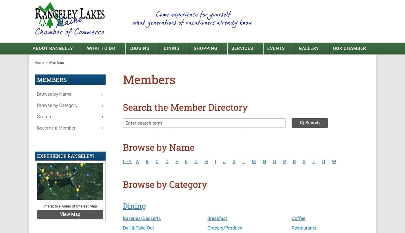 Rangeley Lakes Chamber of Commerce website screenshot