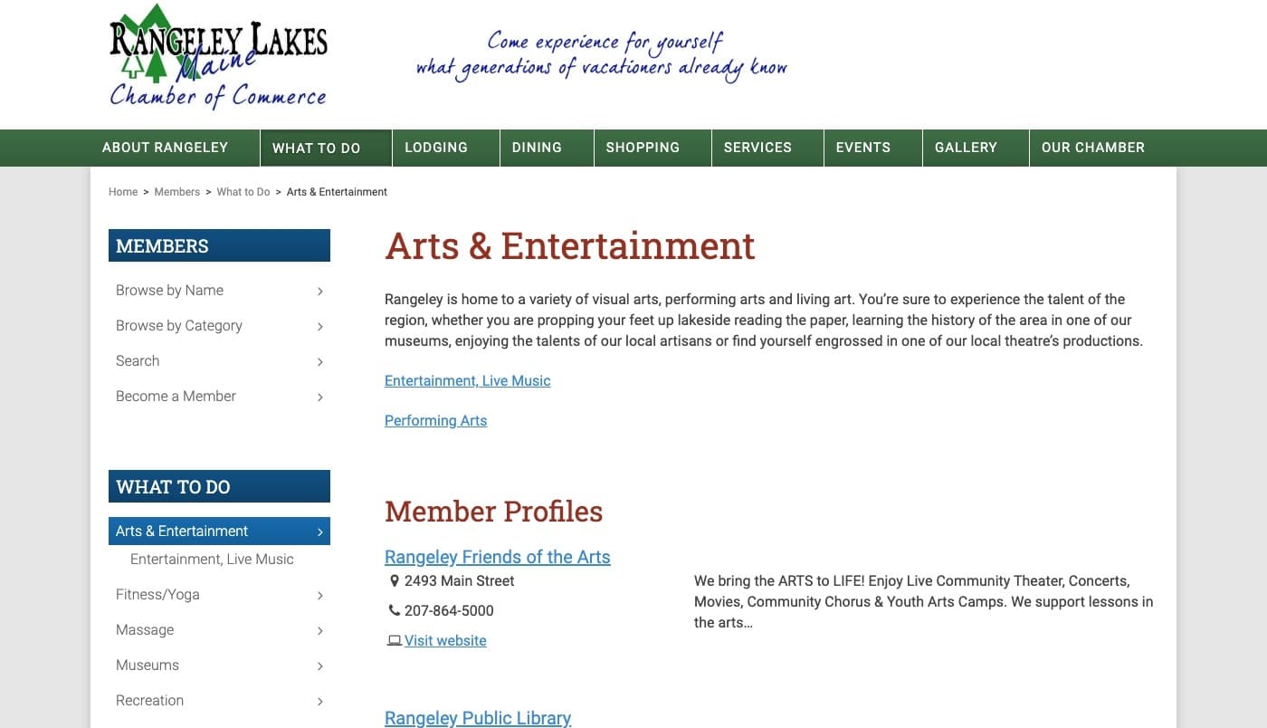 Rangeley Lakes Chamber of Commerce website screenshot