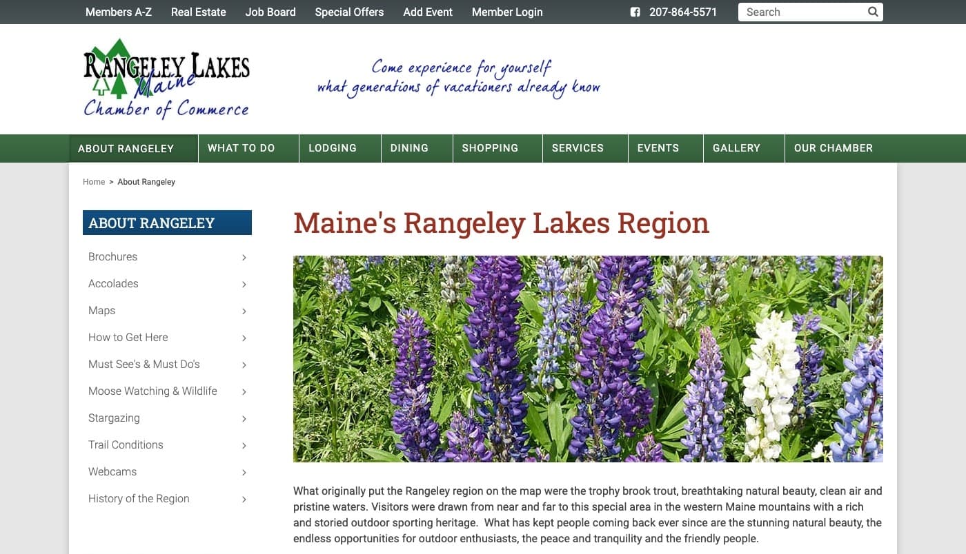 Rangeley Lakes Chamber of Commerce website screenshot