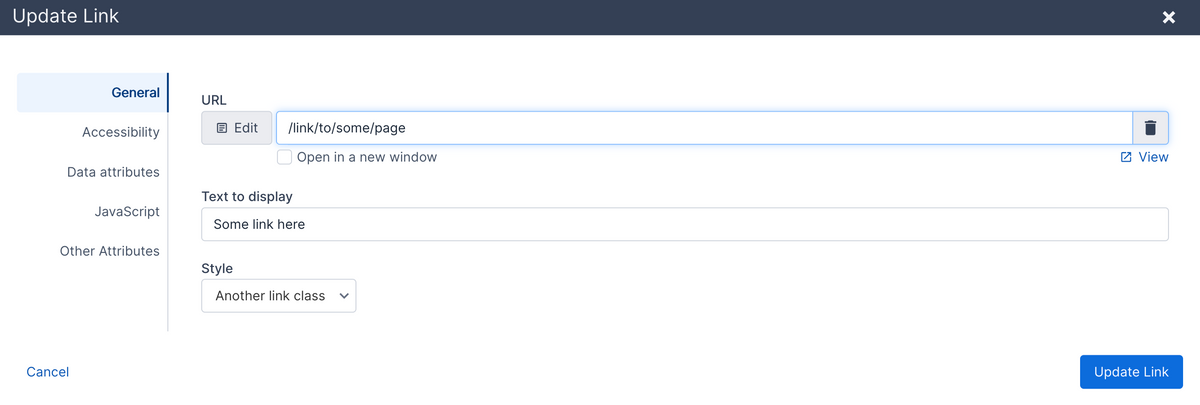 Rich text editor link modal for adding and exiting links