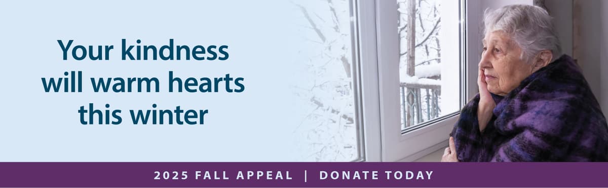 Your kindness will warm hearts this winter header with senior woman - Fall Appeal 2025 Donate Today