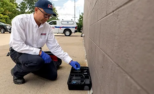 rose technician checking rodent traps outside of warehouse