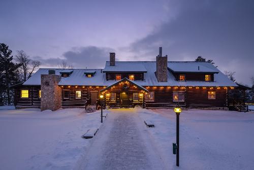 Winter Lodge entrance with lights