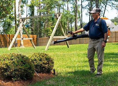 anti-pest tech treating around shrubs and trees for mosquitoes