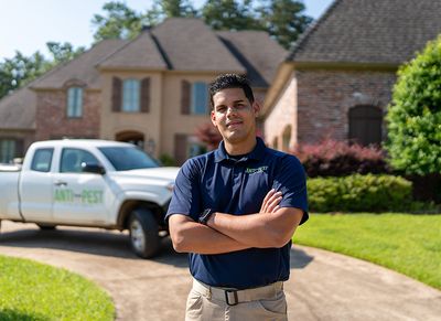 pest technician in front of a home