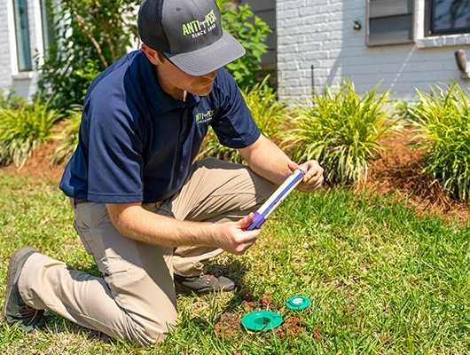 pest control tech checking bait stations