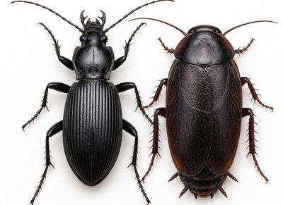 cockroach next to a beetle