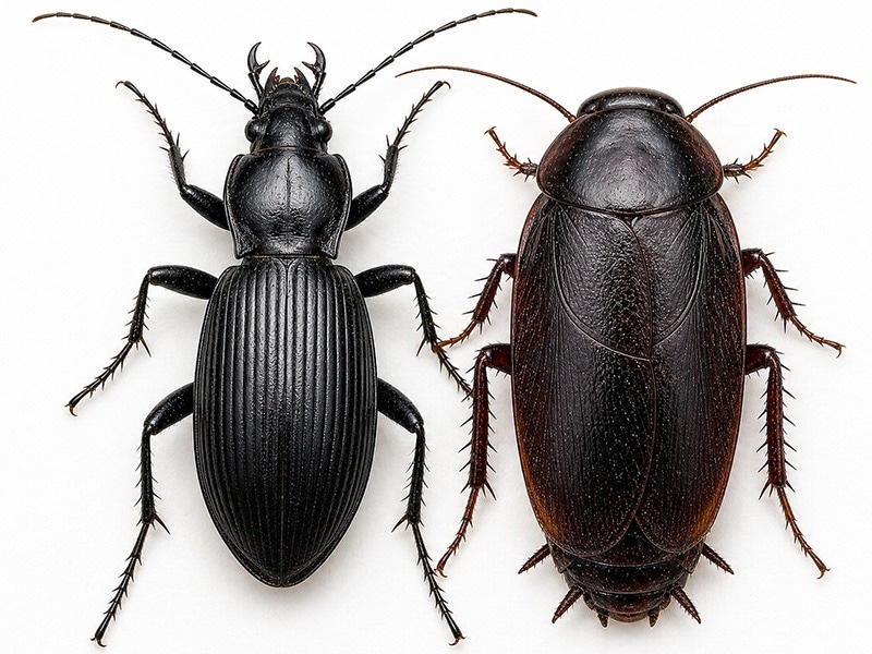 cockroach next to a beetle
