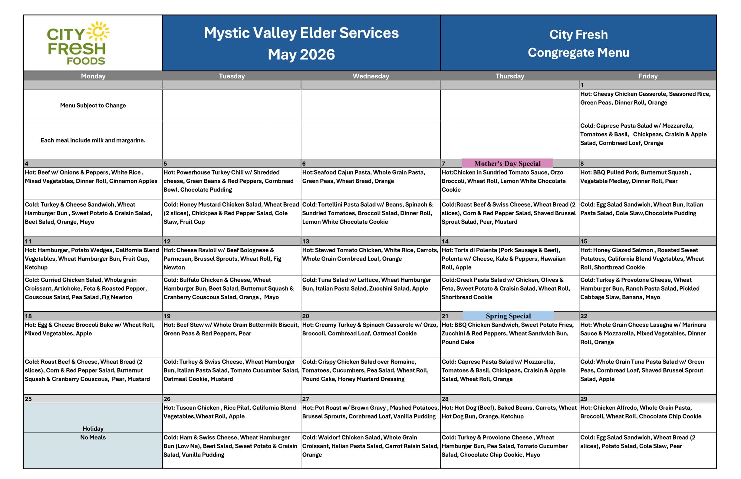 City Fresh Congregate Menu for May