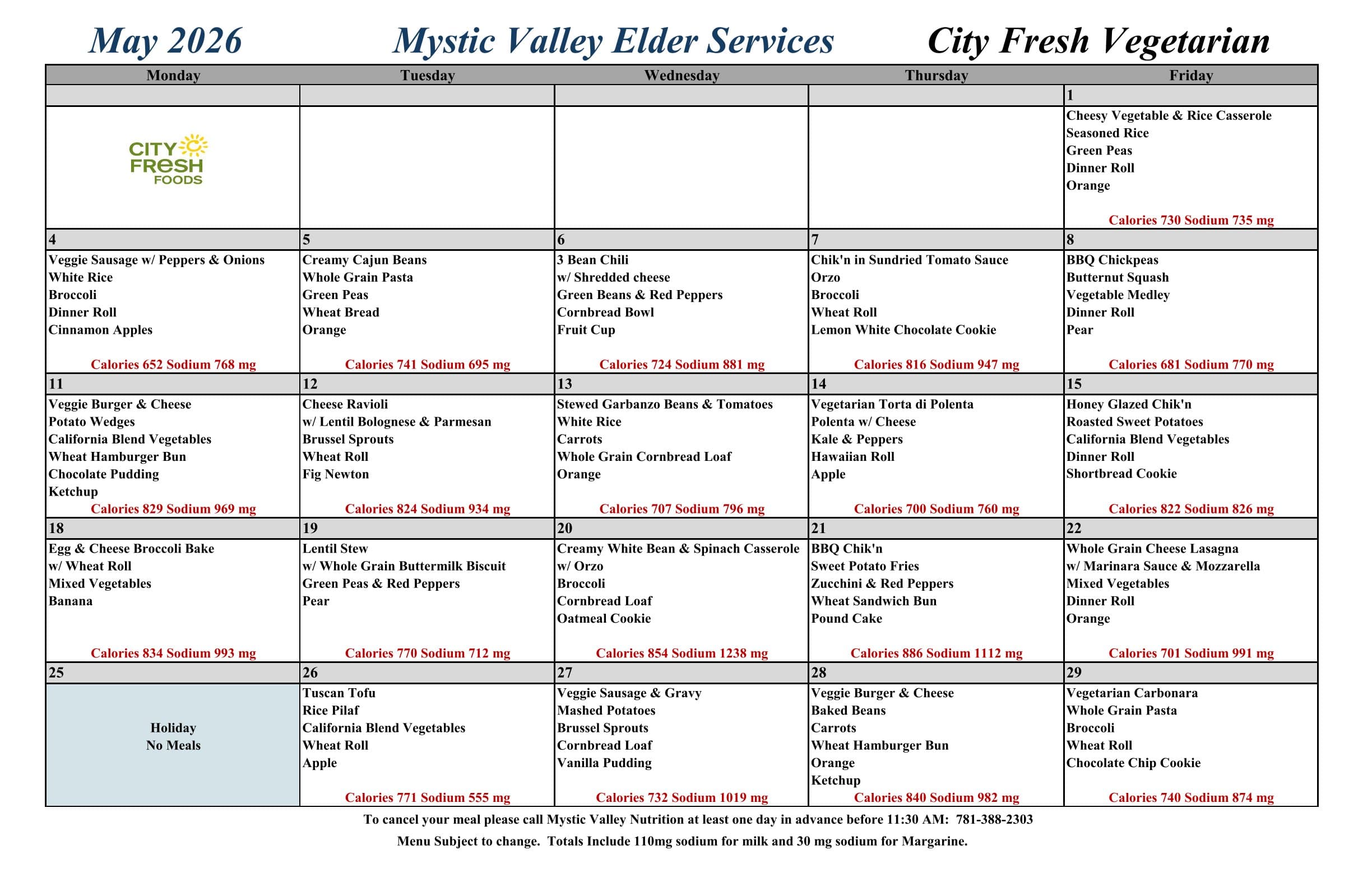 City Fresh Congregate Menu for May Vegetarian