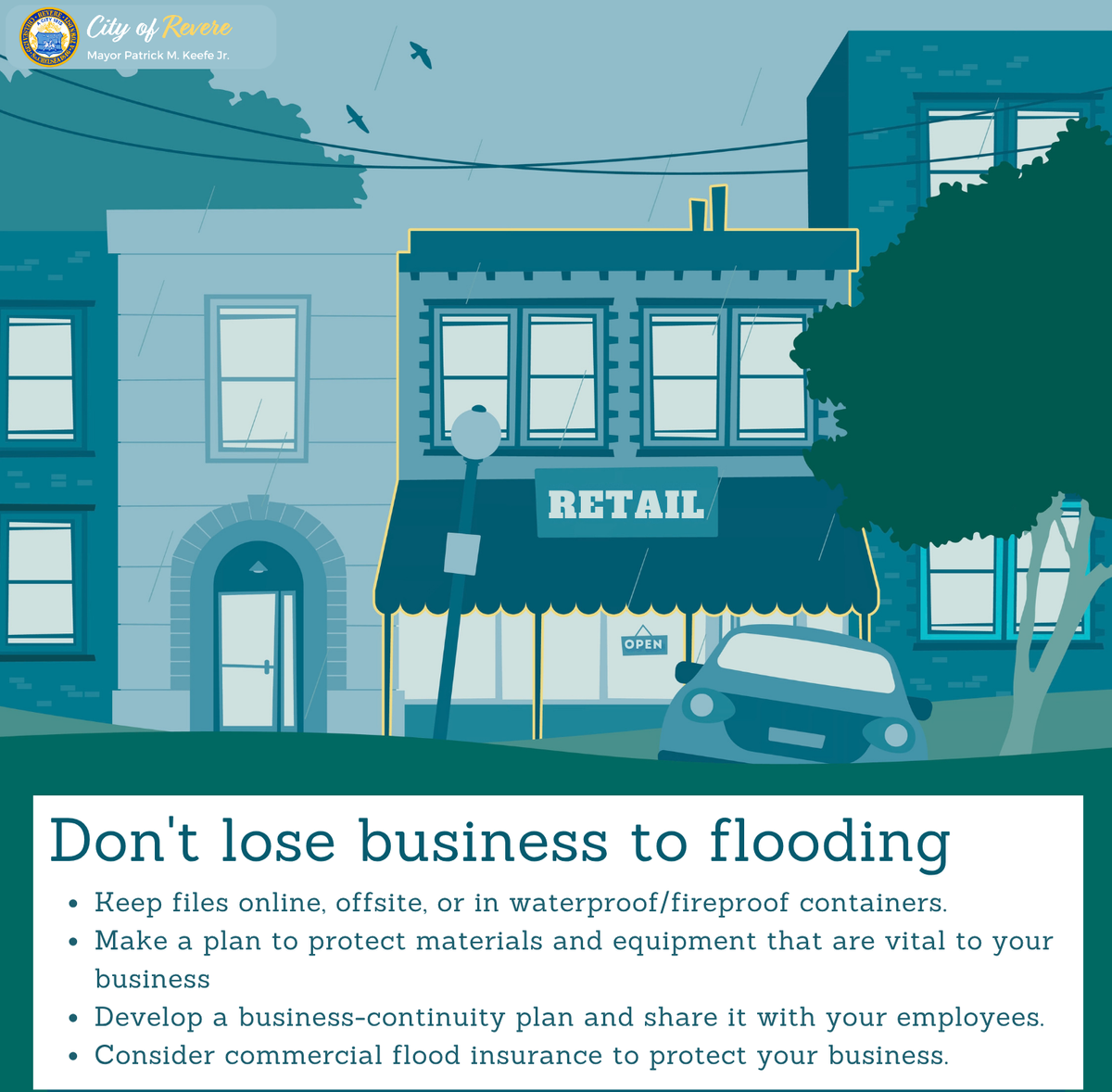 Graphic of flooding outside of a business