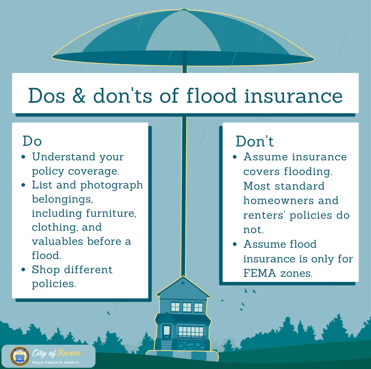 Graphic of a massive umbrella protecting a house as a metaphor of flood insurance.