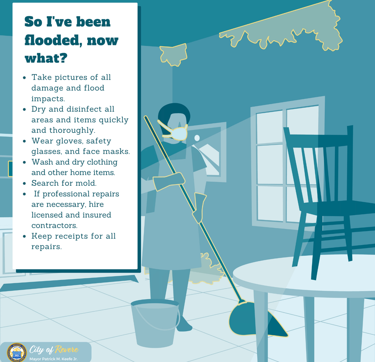 Graphic of a person with a mask on cleaning up a room that has been flooded.