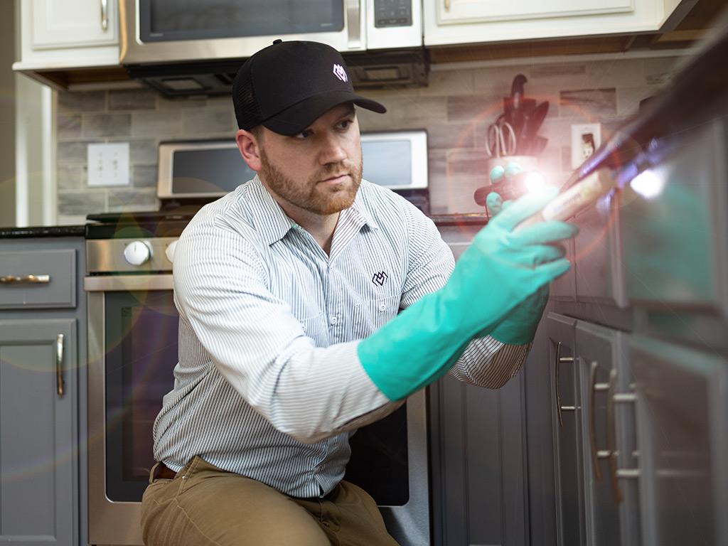 residential exterminator baiting for bugs under kitchen sink