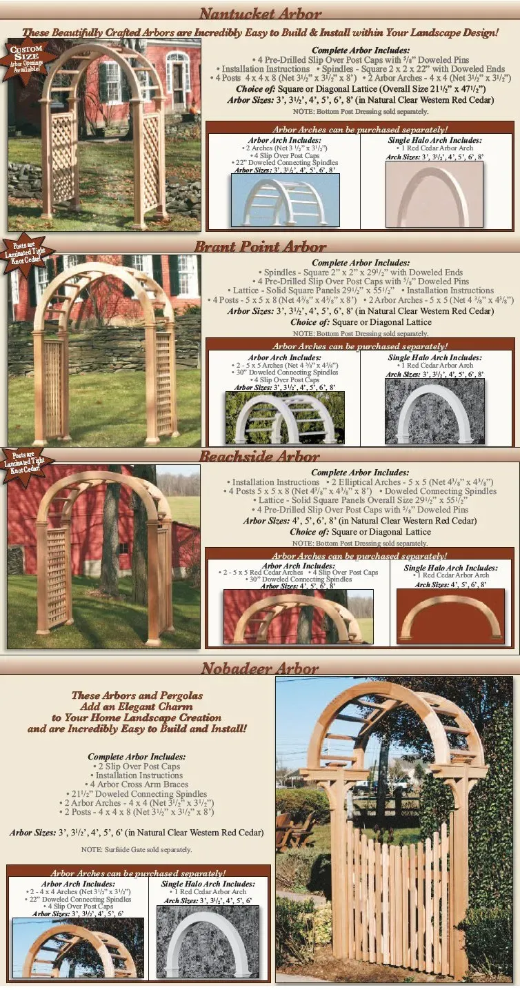A flyer advertising different types of Red Cedar Arbors
