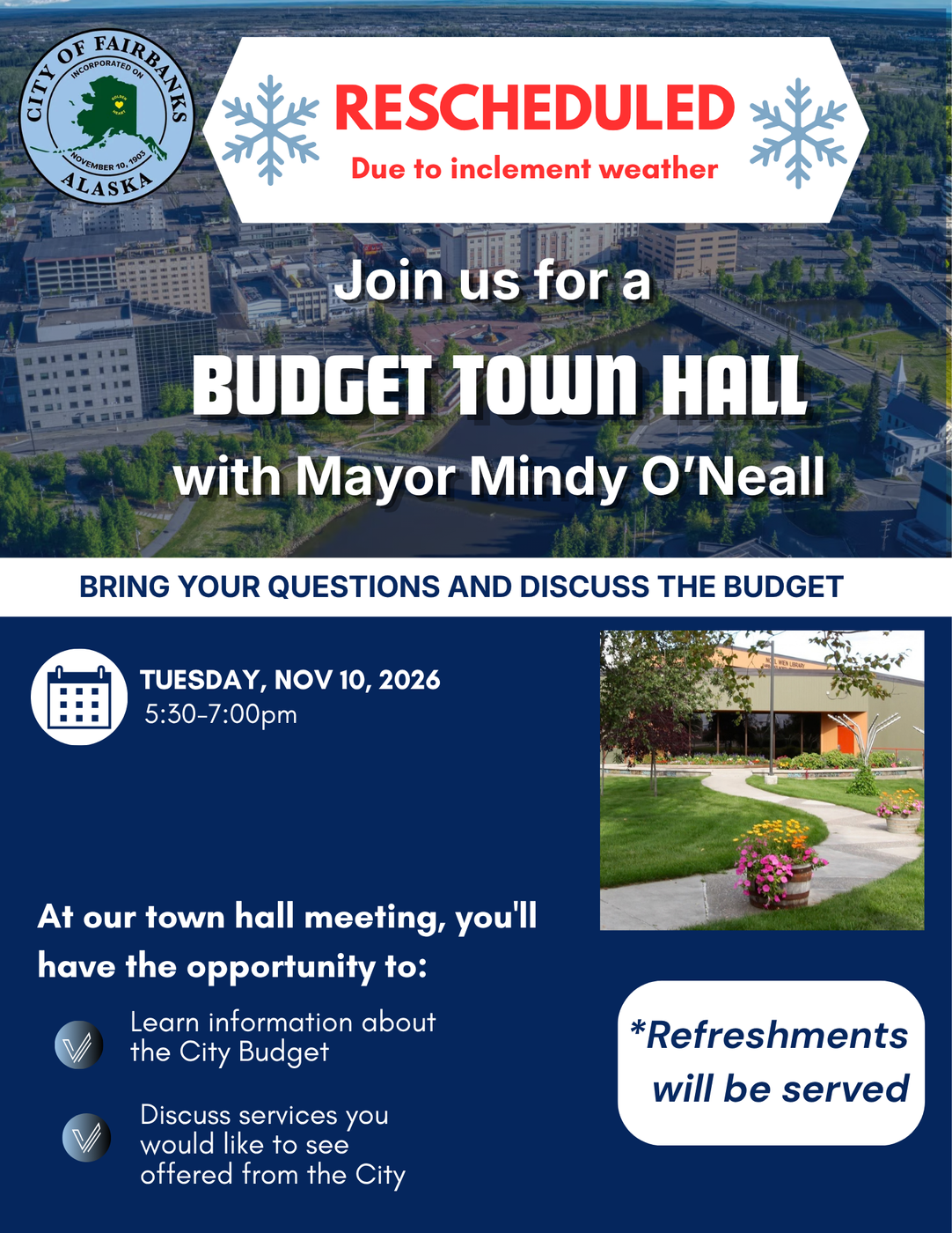 Rescheduled Budget Town Hall flyer