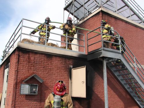 Firefighters looking over railing