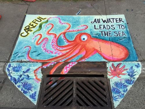 Squid storm drain art