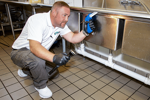 a technician treating the inside of a commercial kitchen