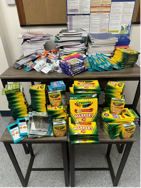 Packs for Progress provides backpacks and school supplies, like these collected by Franklin Savings Bank employees, to area students so they are ready for school!