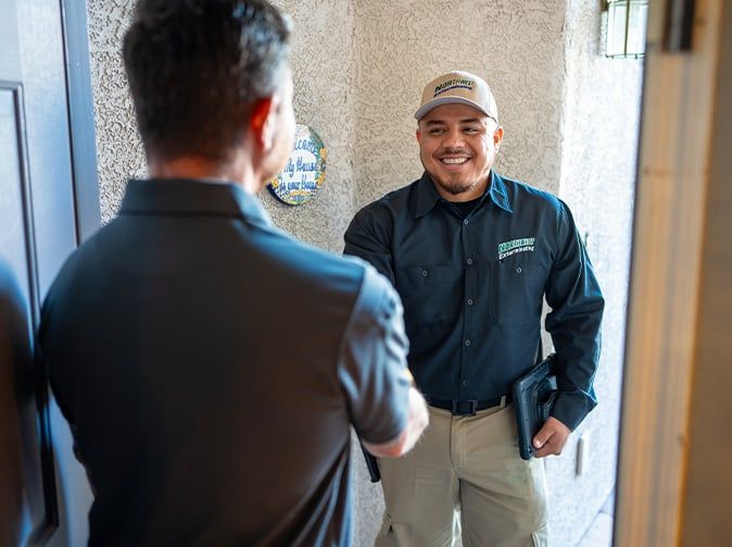 pest control technician greeting a customer