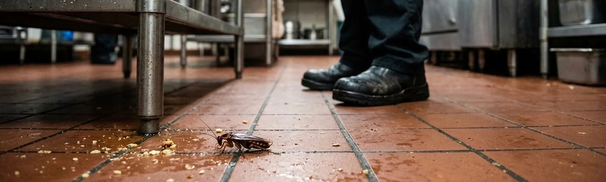 cockroach in restaurant kitchen with boots of exterminator