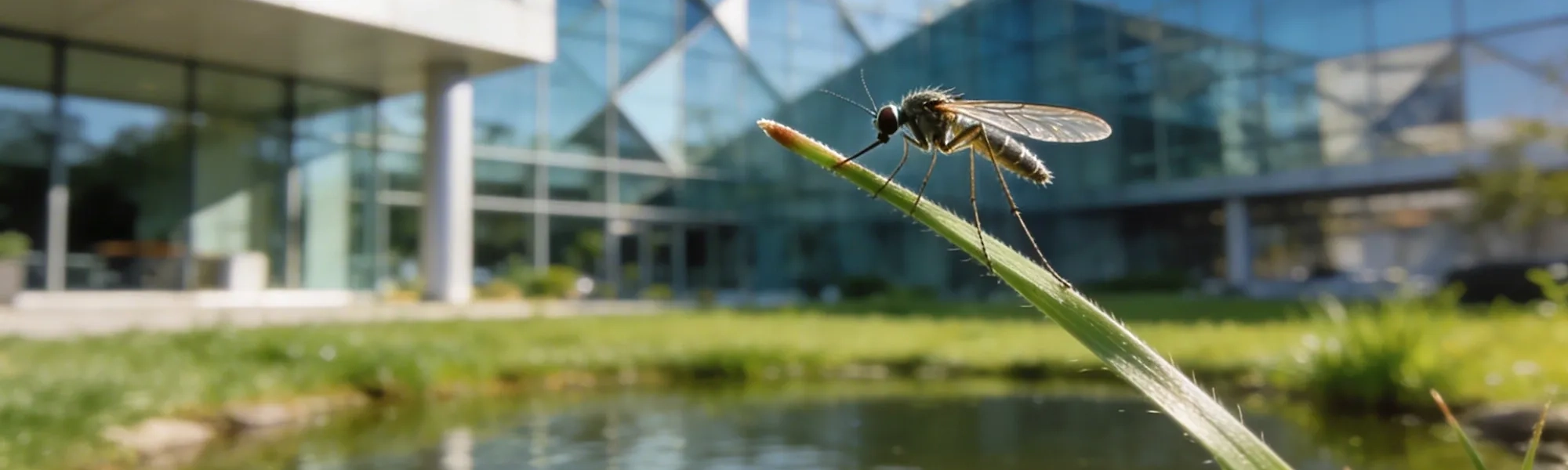 mosquito in foreground in front of commercial building