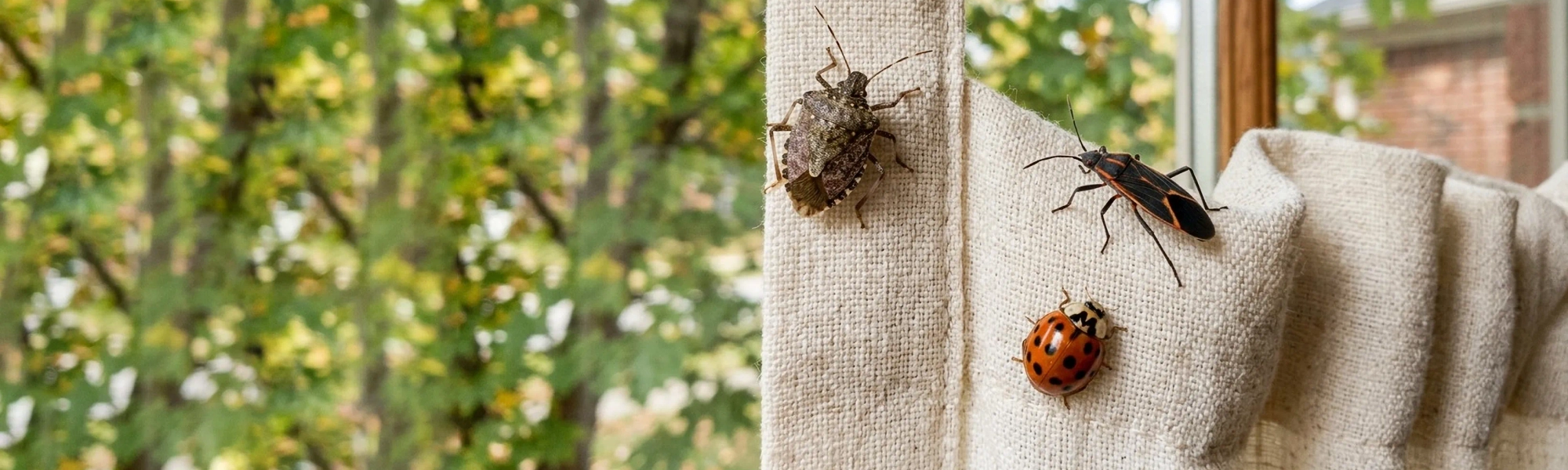 stink bug, asian lady beetle, boxelder bugs and pine beetles are all overwintering pests living room illustration with four inset photos of overwintering pests. headline overwintering pests