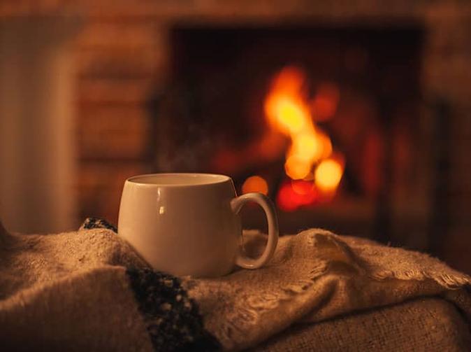 a roaring fire and hot drink on a cold, winter day in colorado