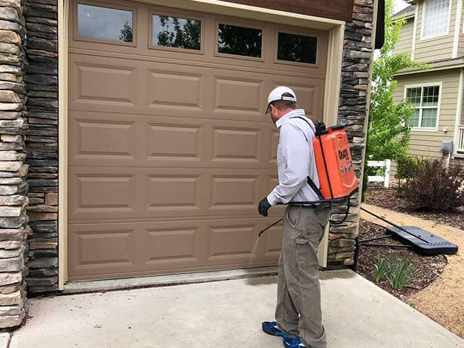 pest control service tech performing exterior treatment outside a denver, co home