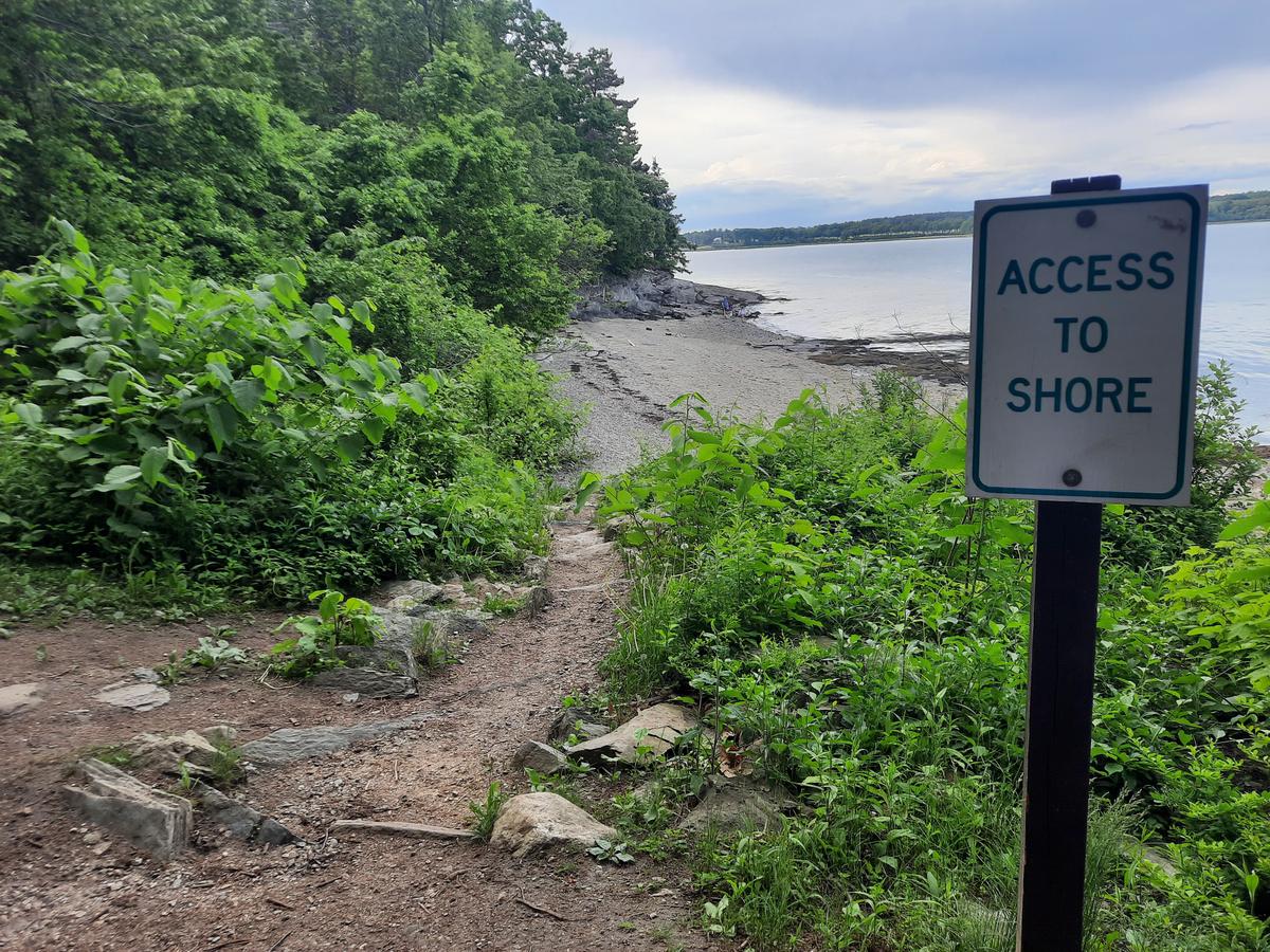 A sign saying &quot;Access to Beach&quot; without a very accessible trail.