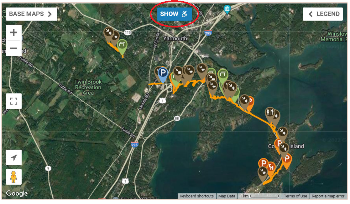 Map of the West Side trail displaying the Show Accessible Trails button.