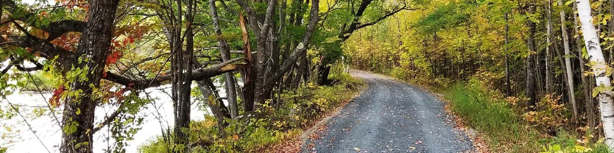 wide gravel trail running parallel to a river with trees showing early season fall foliage