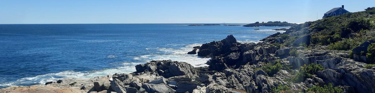 A rocky shoreline with the ocean in the background