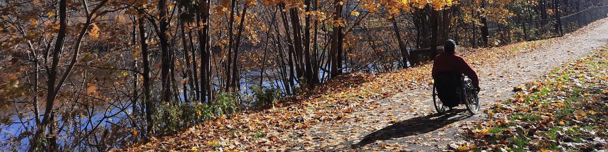 A man using a wheelchair travels by a river in the fall